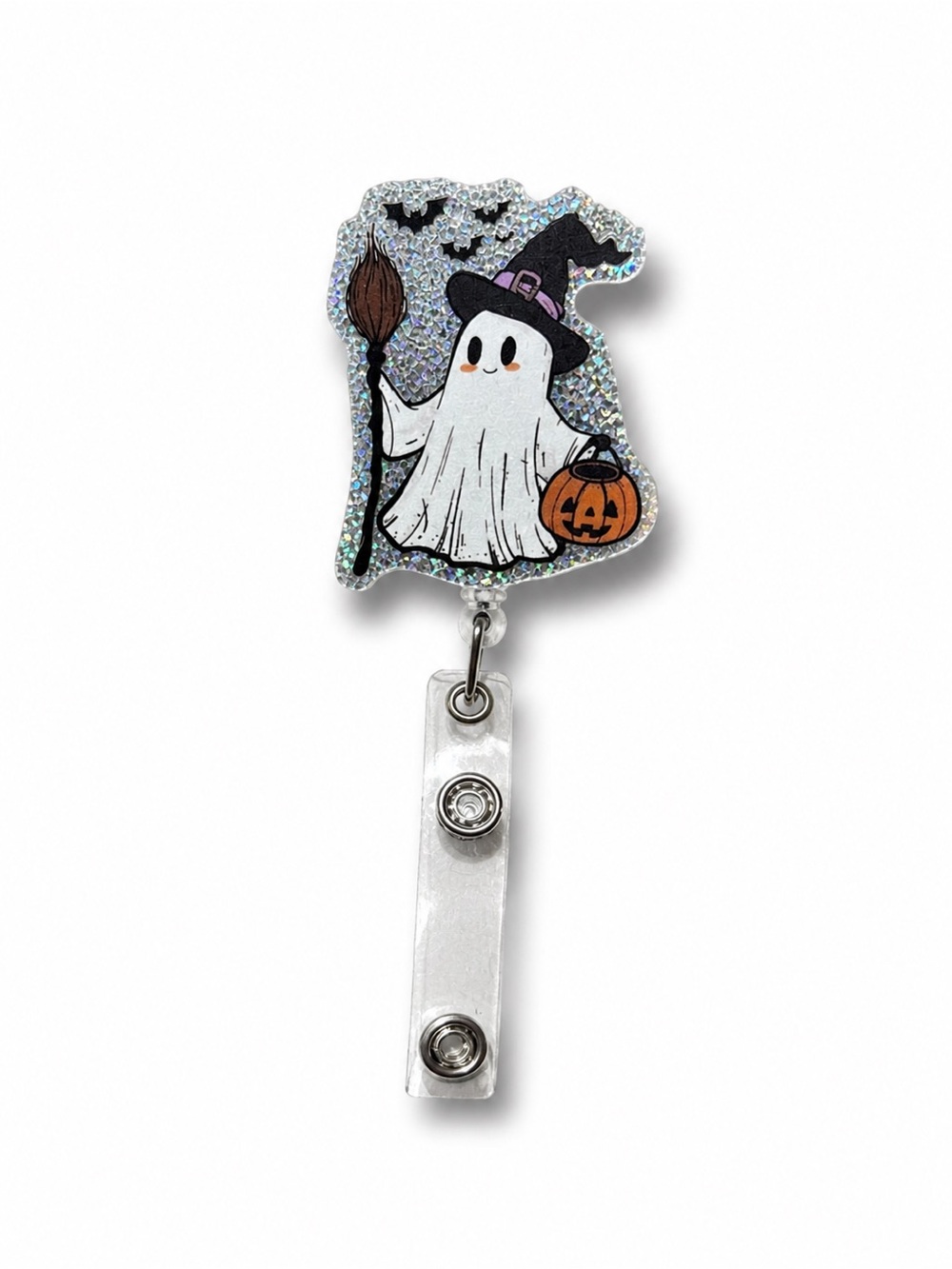 Cute Ghost Witch Badge Reel with Pumpkin